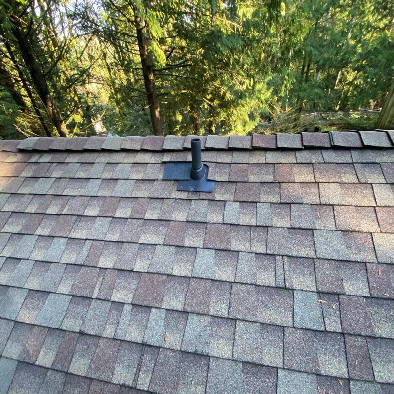 Pipe flashing on asphalt shingle roof in wooded area