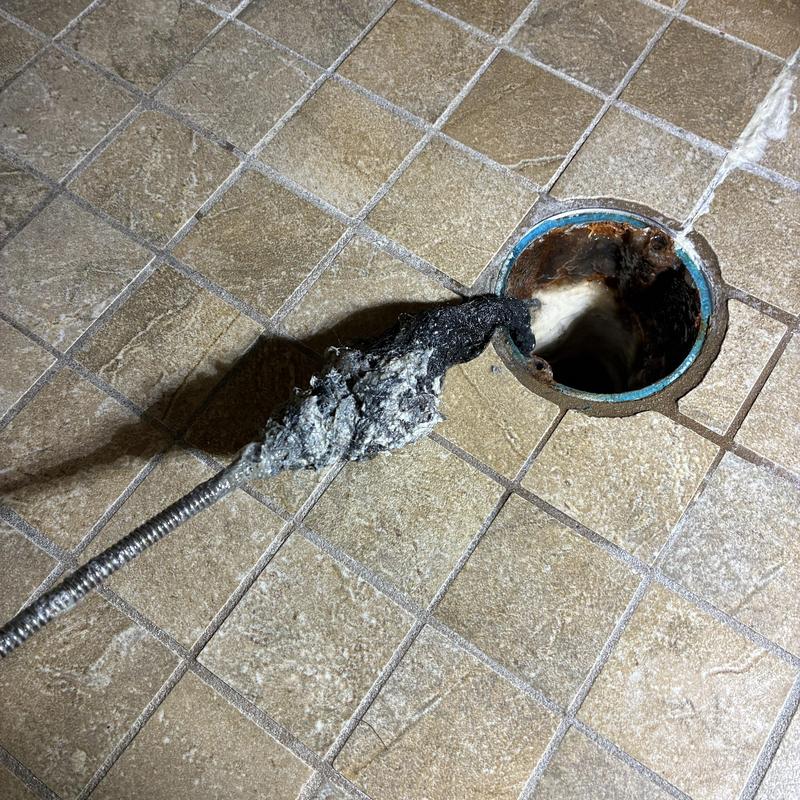 Shower drain clogged with hair and debris removal tool