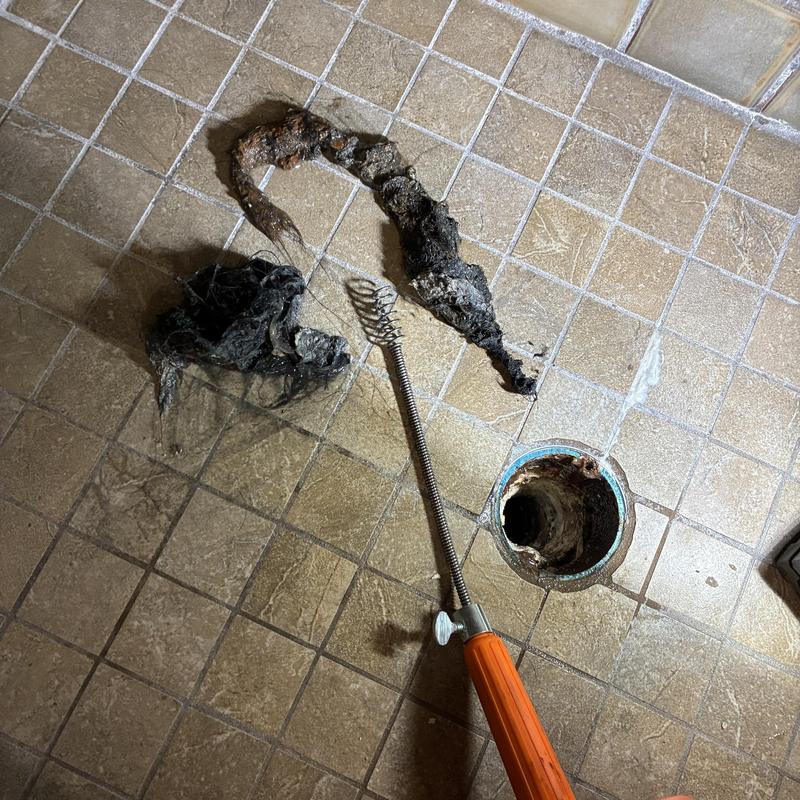 Shower drain with removed hair clog and plumbing snake
