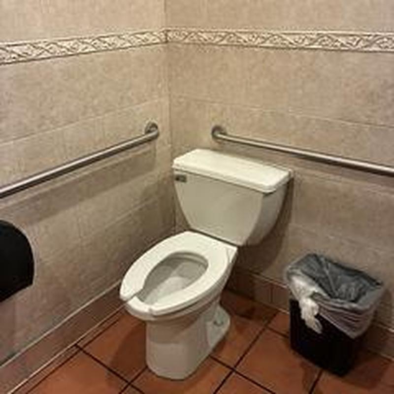 Men's ADA toilet with grab bars in restroom corner