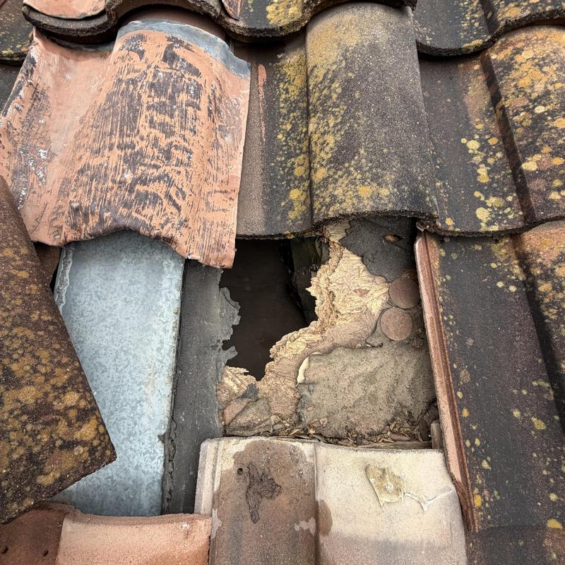 Boral tile roof with damaged decking and hole