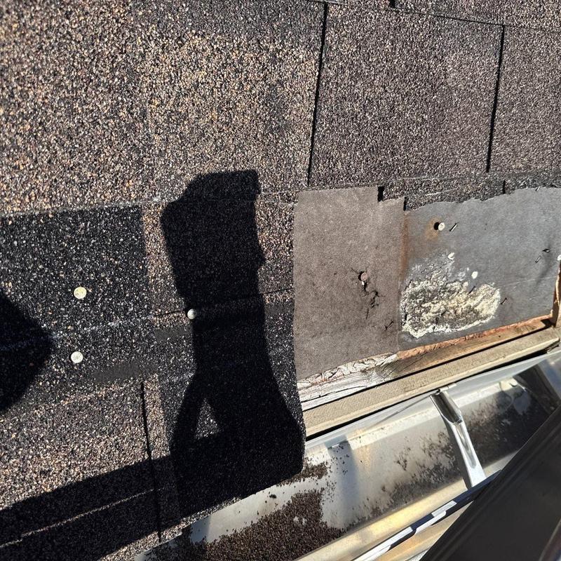 Asphalt shingles with damage near gutter edge