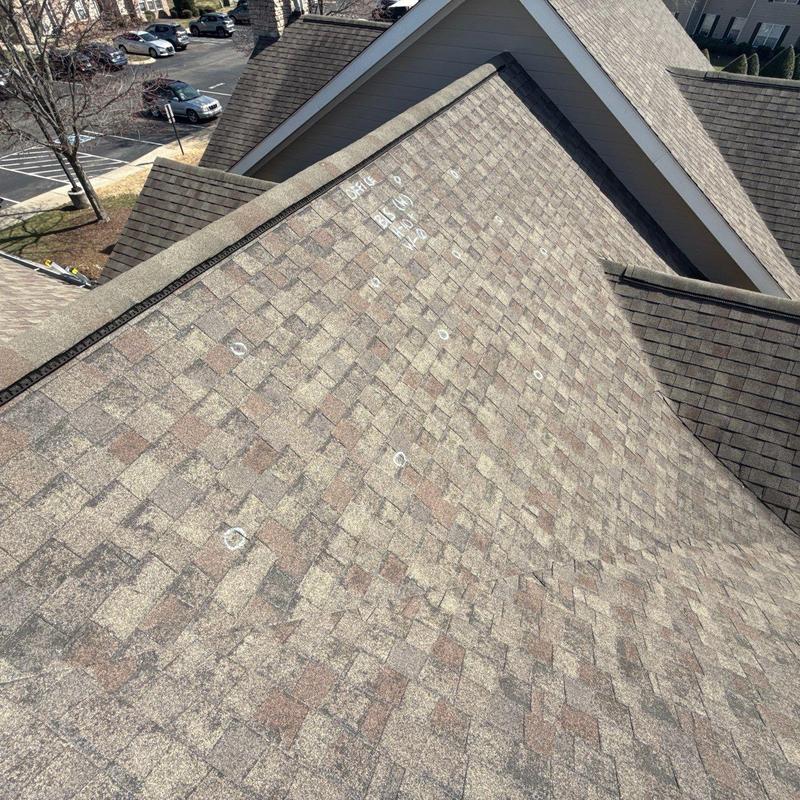 Asphalt shingle roof with hail damage markings