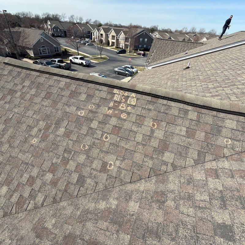 Apartment roof shingles with hail damage markings