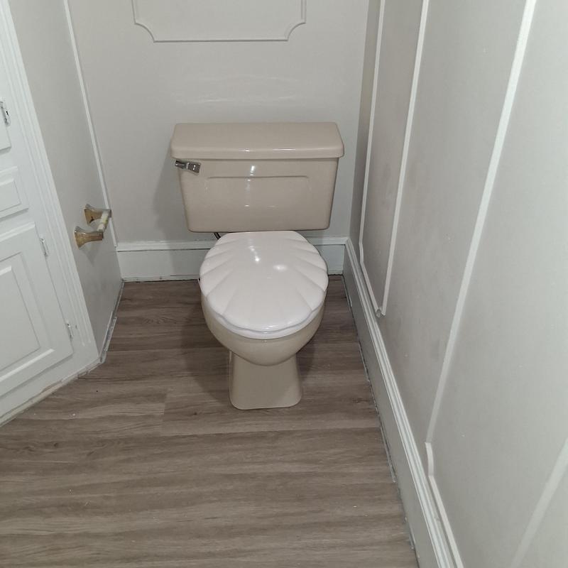Toilet installation with vinyl flooring and quarter round molding