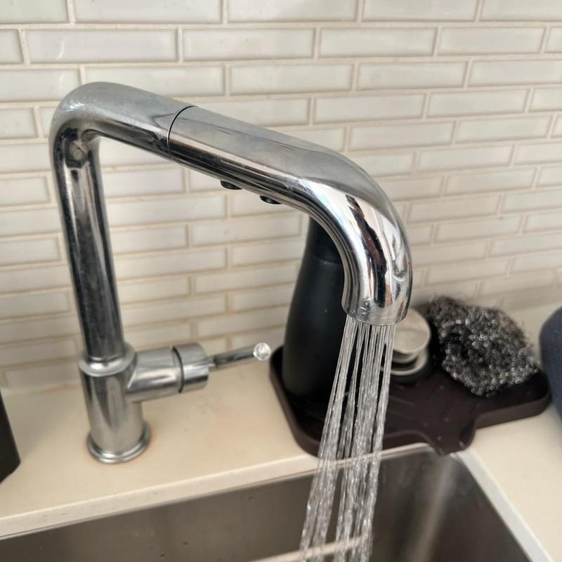Kitchen faucet with water running over sink basin