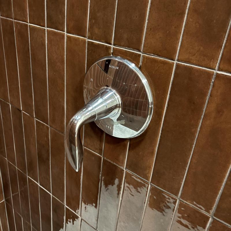 Shower valve trim kit on brown tile wall