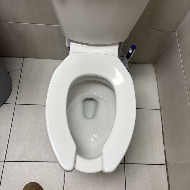Commercial toilet bowl in tiled restroom with brush