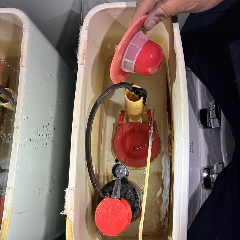 Toilet flapper replacement inside tank with hand visible