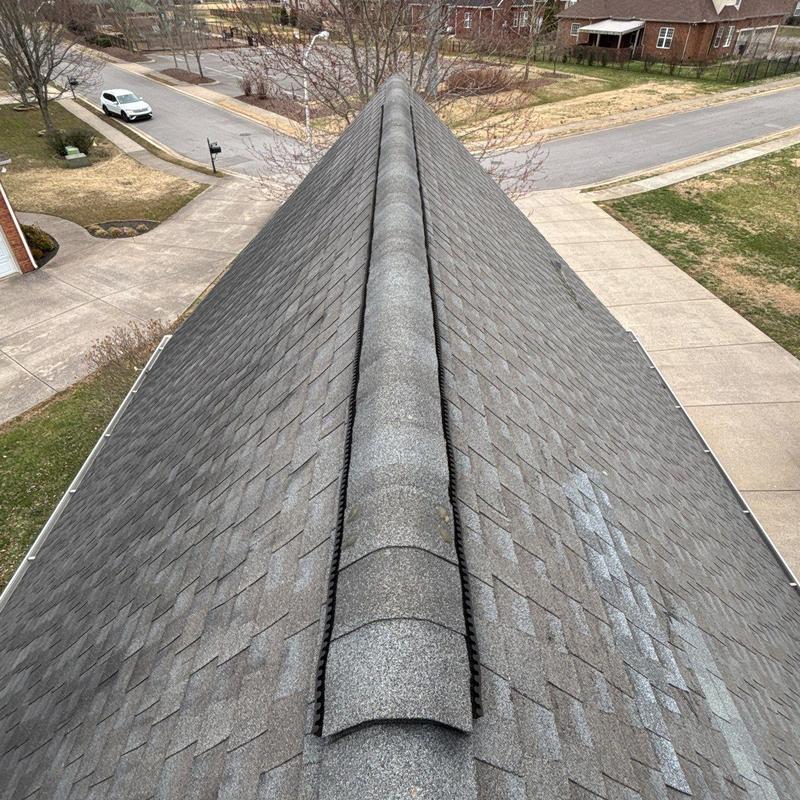 Asphalt shingle roof with ridge vent and hail damage