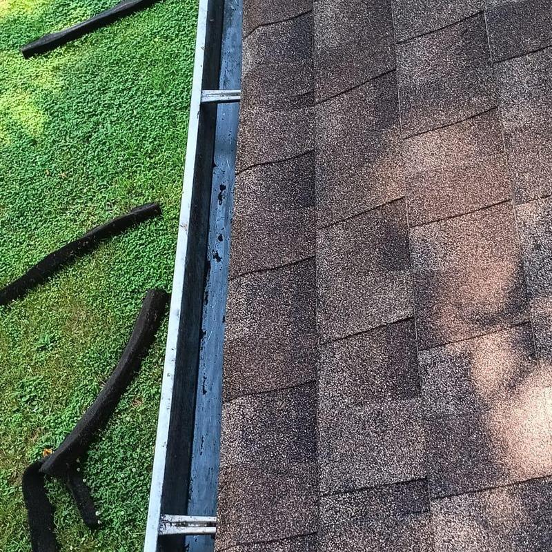Roof gutter with removed gutter guards near shingle roof