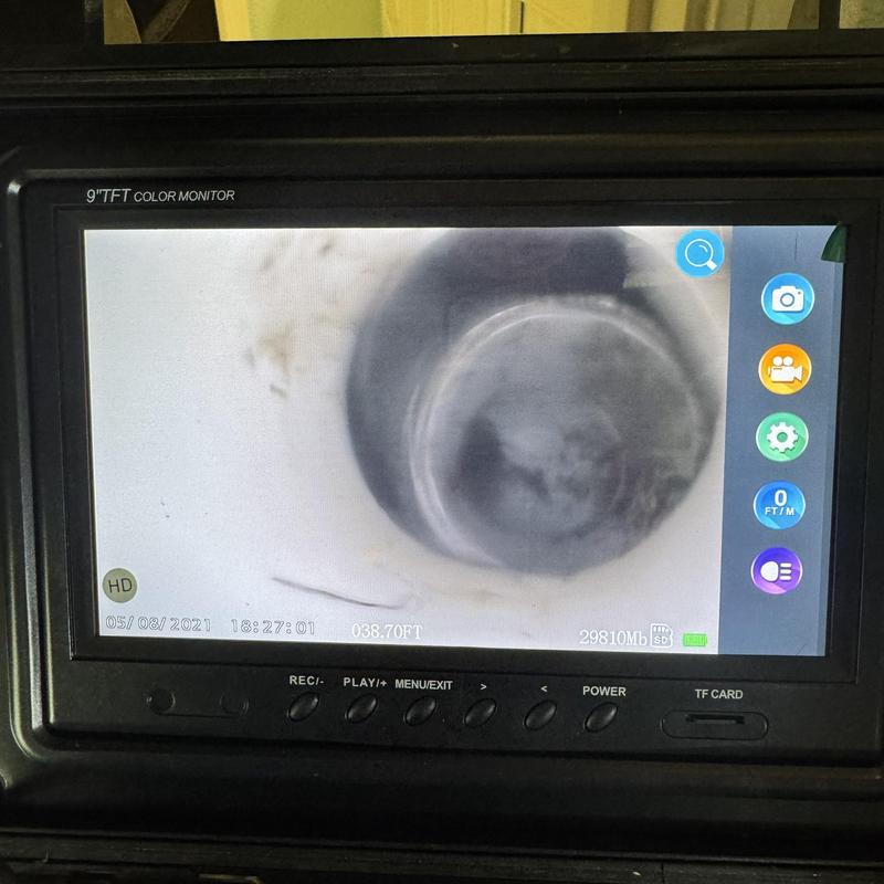 Main sewer pipe interior on inspection monitor