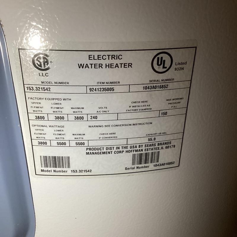 Electric water heater 55 gal capacity label information