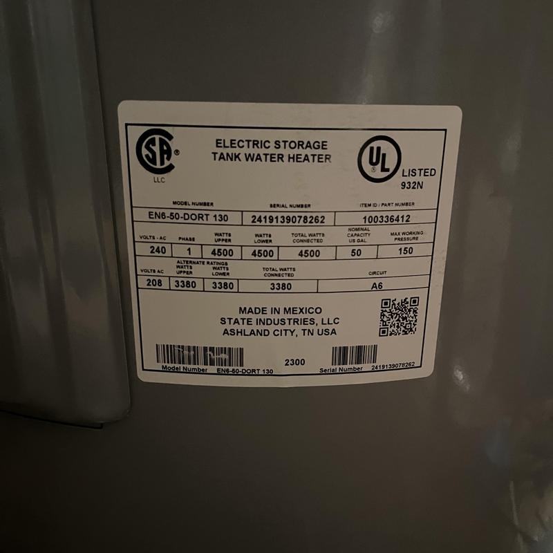 Electric storage tank water heater label and specs