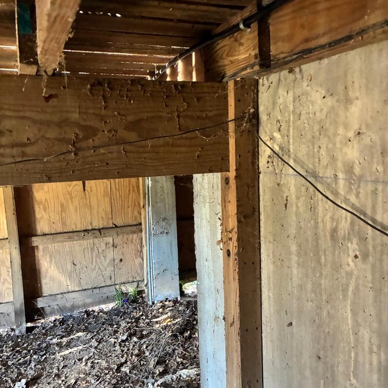 Gas line piping under wooden floor joists in basement area
