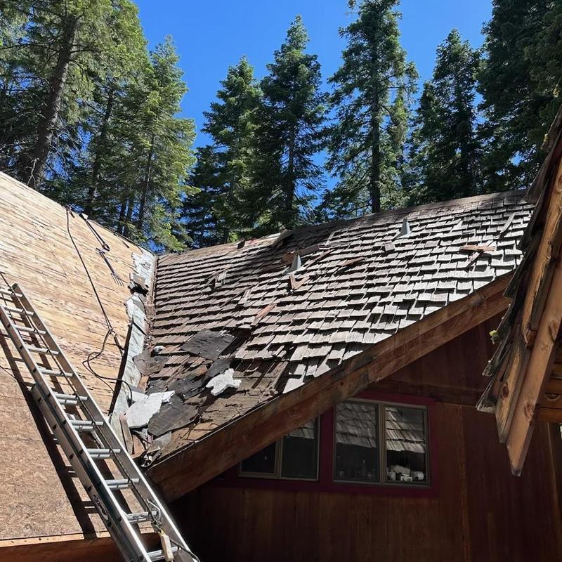 Wood shake roof with dry rot damage and repair prep