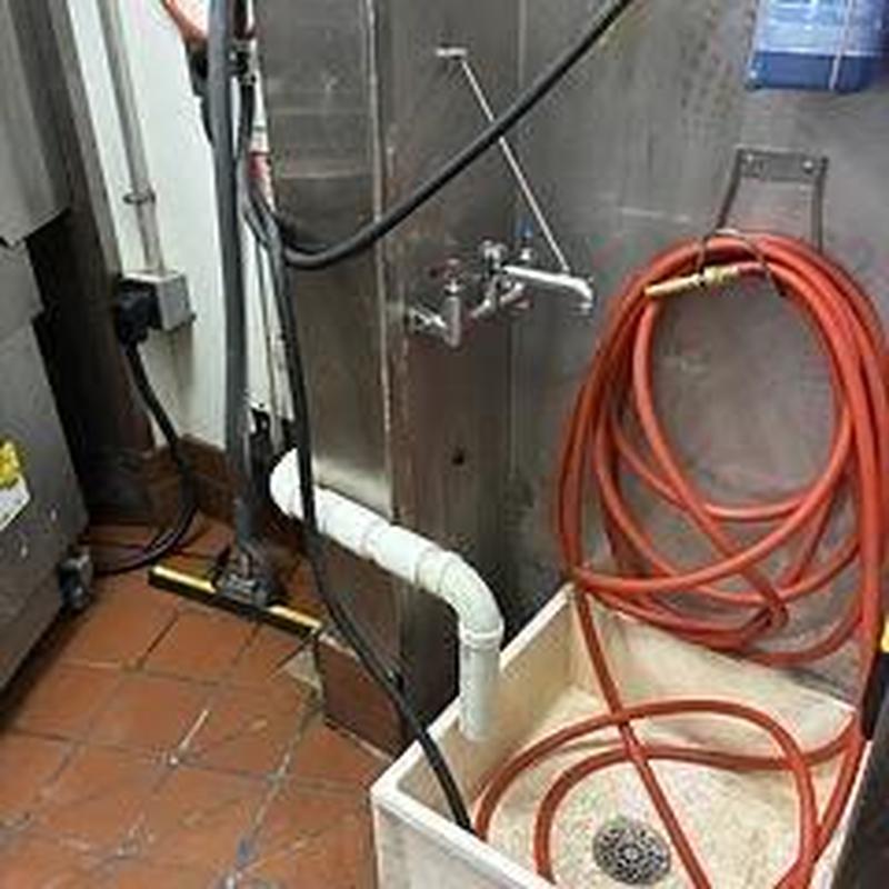 Mop sink faucet with hose and plumbing union