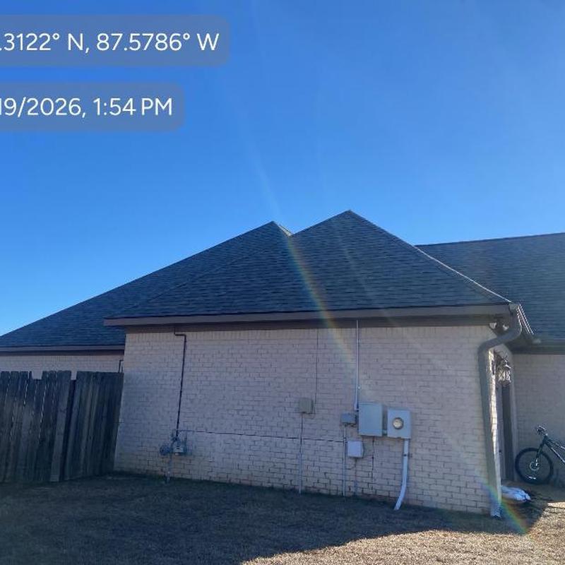 Asphalt shingle roof with vents and gutters Asphalt shingle roof with vents and gutters