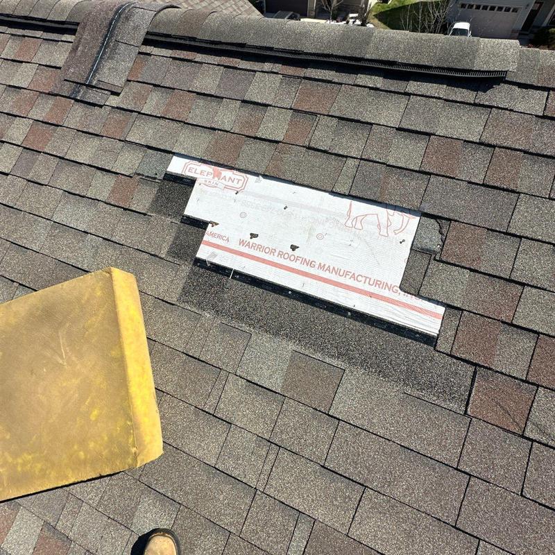 Asphalt roof shingles with damaged and missing pieces