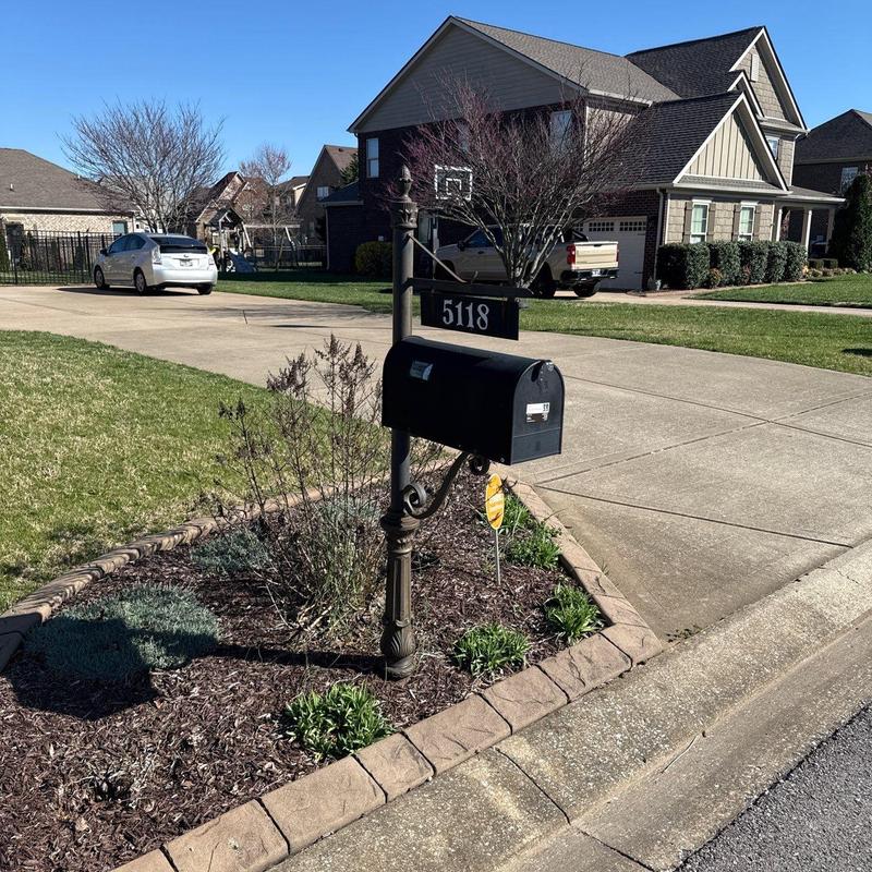 Mailbox post with black mailbox in residential lawn