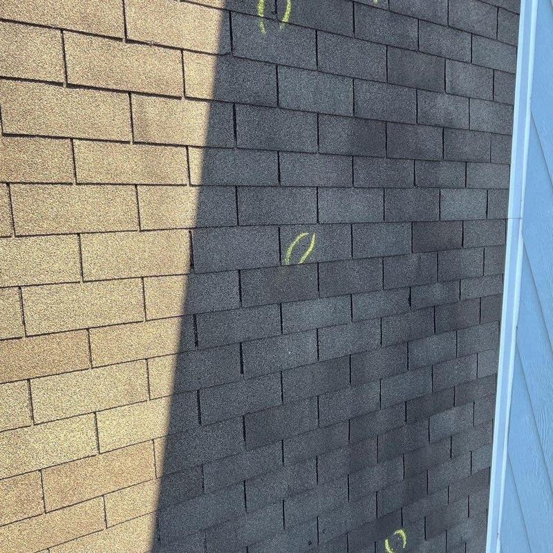 Asphalt shingle roof with hail damage marks
