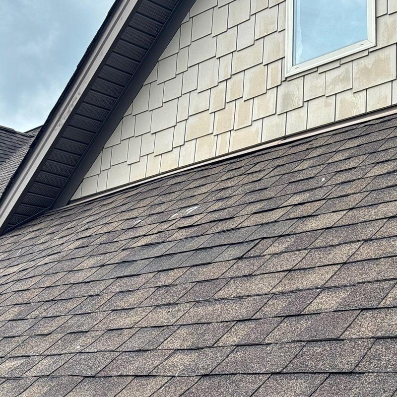 Asphalt shingle roofing with visible hail damage