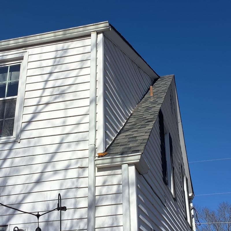 Roof shingles and white vinyl siding on house exterior