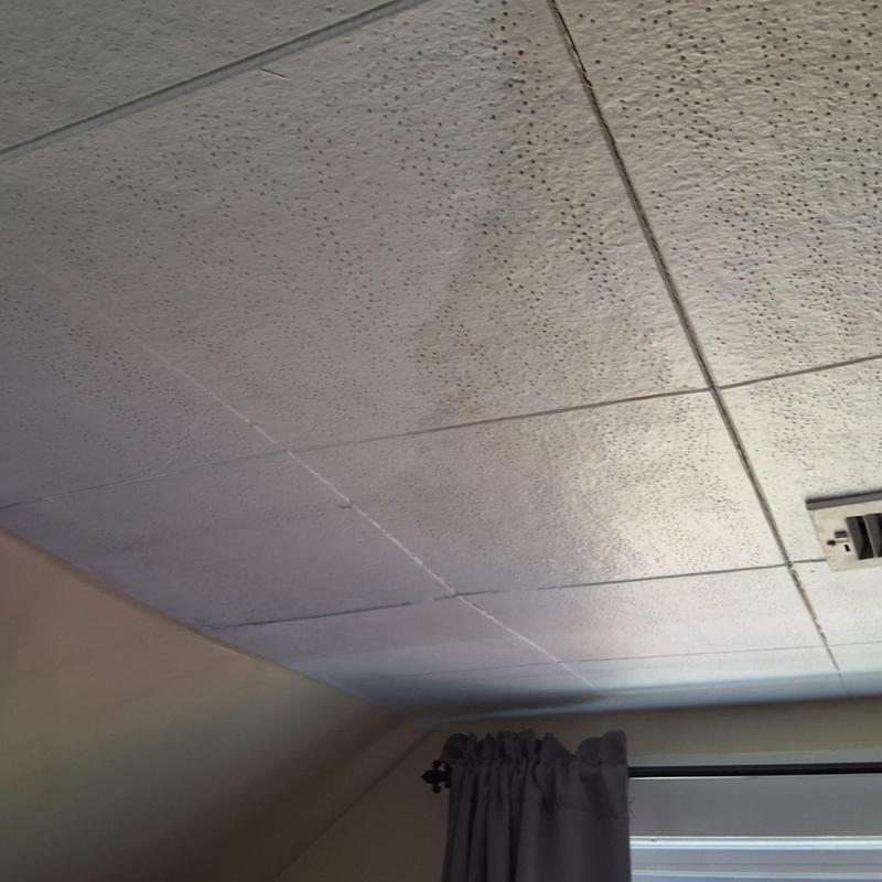 Ceiling tiles with water stains from roof leaks