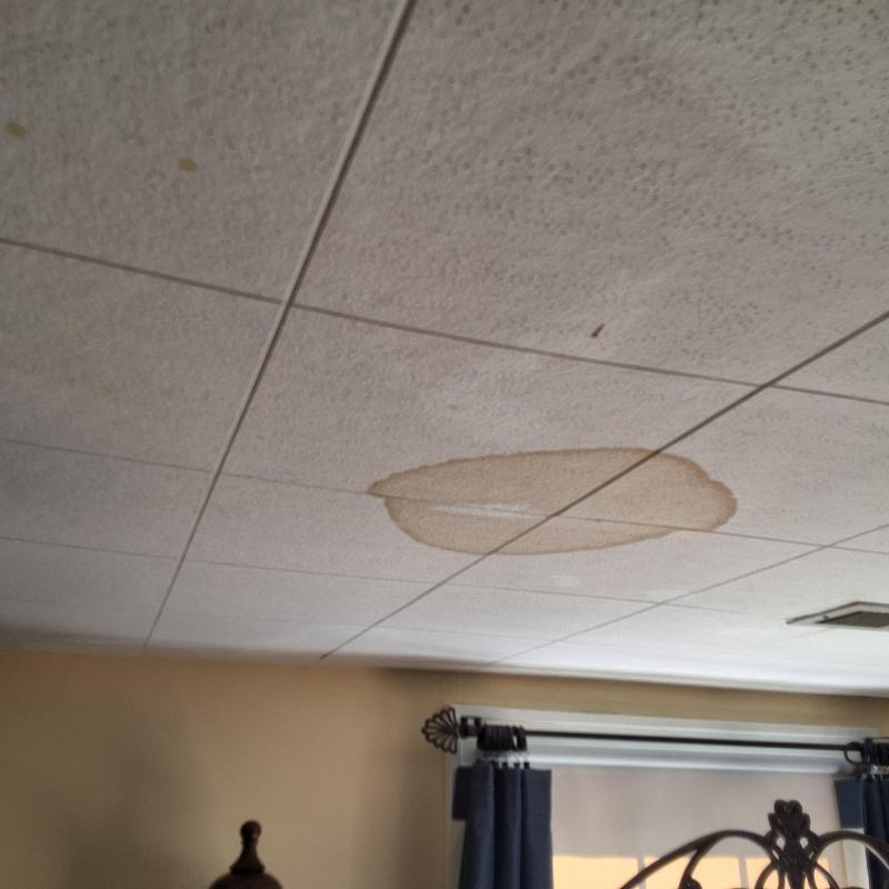 Ceiling water stain from roof leak in home ceiling
