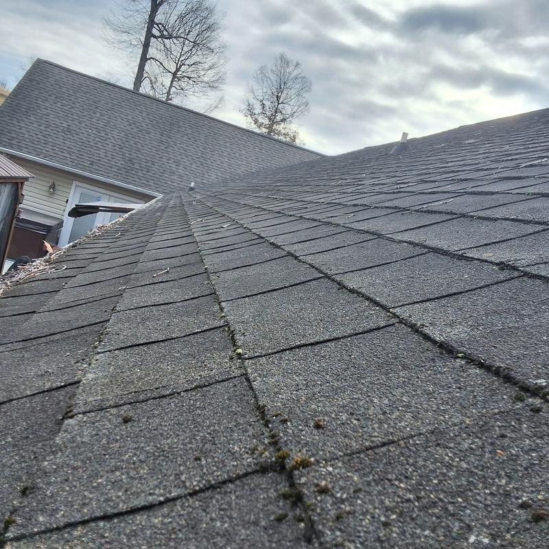 Asphalt shingle roof with moss and wear damage