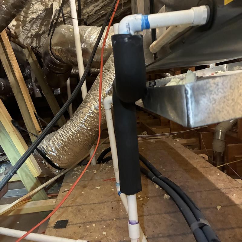 P-trap installation on AC drain pipe in attic