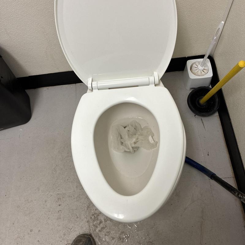 Women’s toilet clogged with debris and auger tool nearby