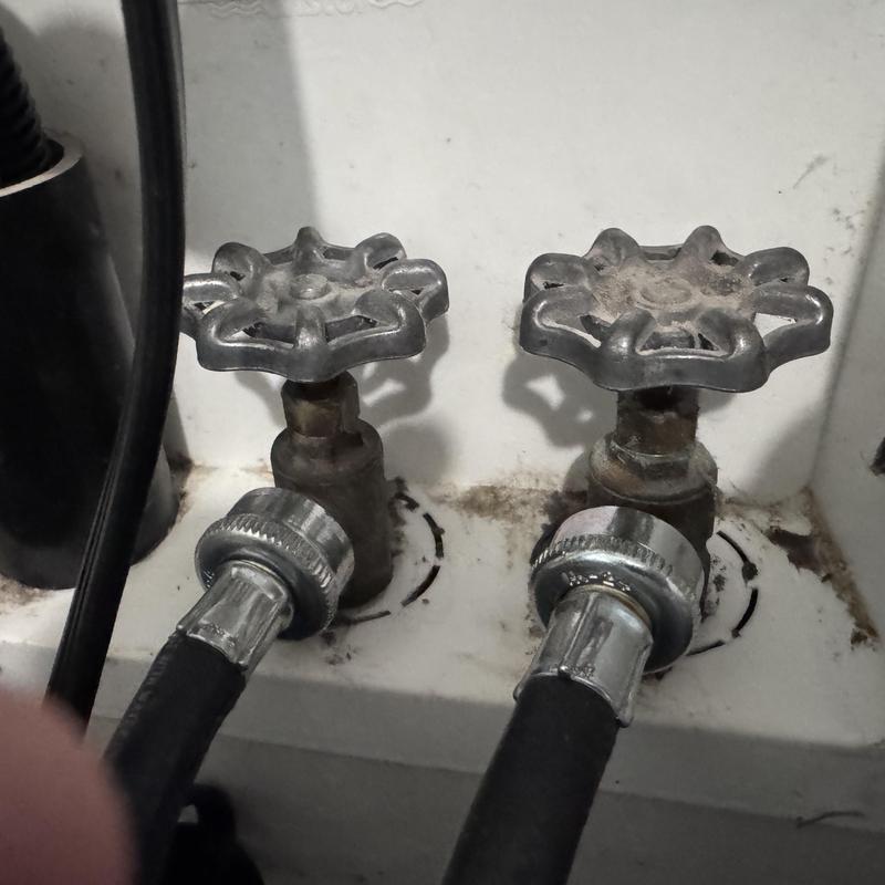 Washing machine valve packing nuts with hoses connected