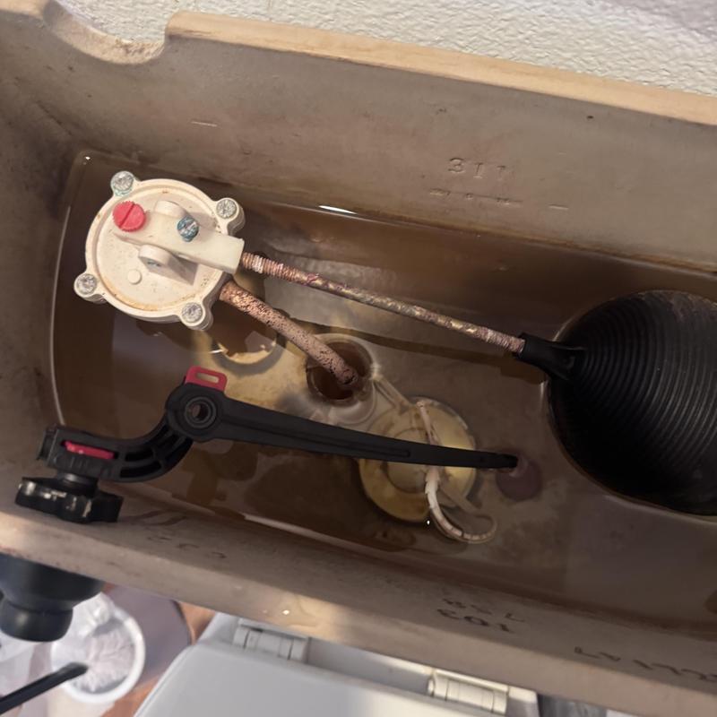 Toilet fill valve and flapper inside tank with rusted parts