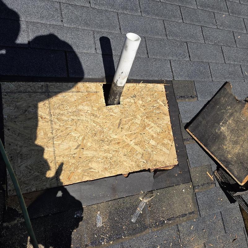 Roof decking replacement around pipe boot on shingled roof