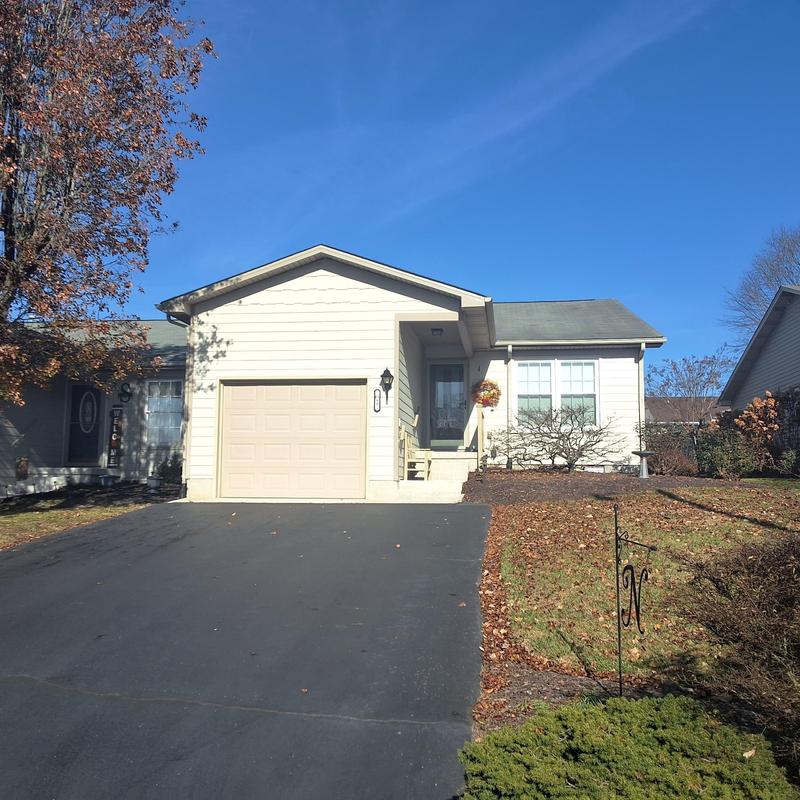 Condo asphalt driveway with surrounding lawn and foliage