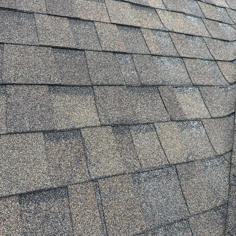 Asphalt roof shingles with hail damage spots