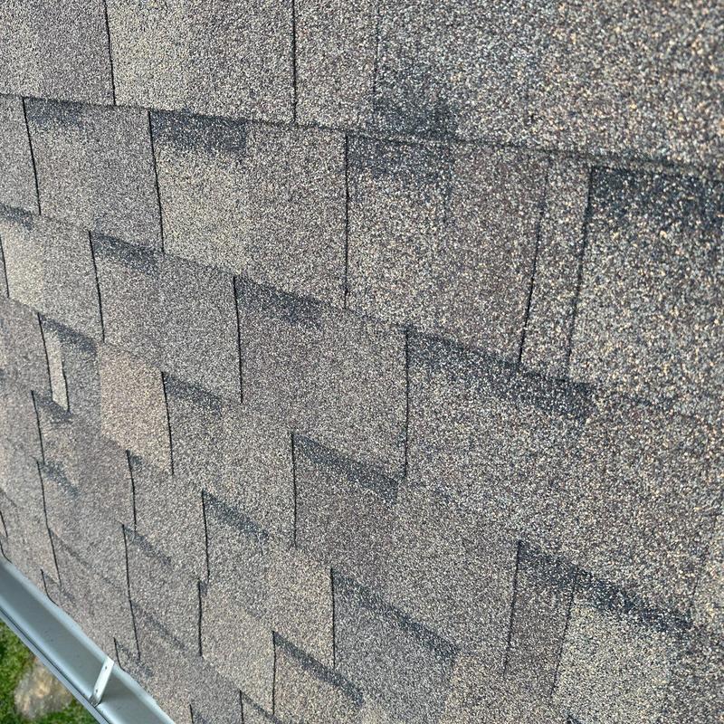 Asphalt roof shingles with visible hail damage