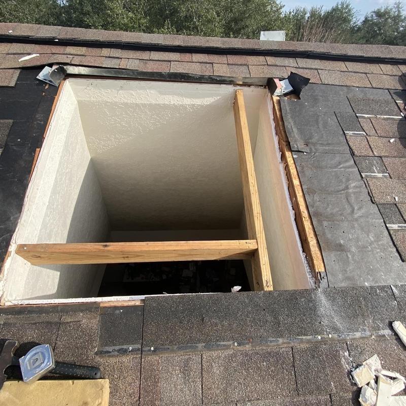 Skylight opening with roof decking exposed