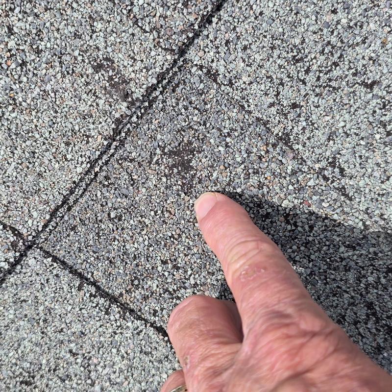 Roof shingle granule loss from hail damage with finger indicator