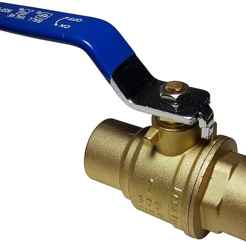 Water shut-off valve with blue handle close-up