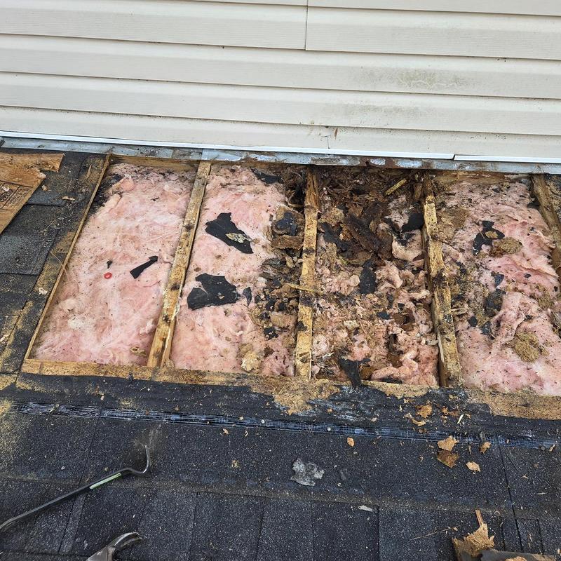 Roof decking with damaged insulation and shingles removed