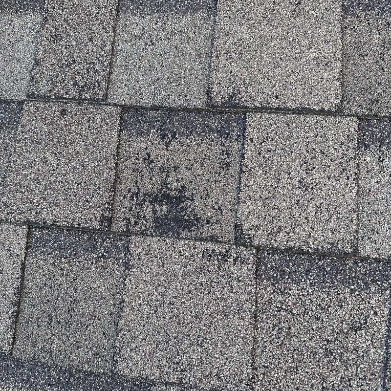 Roof shingles showing hail damage and granule loss