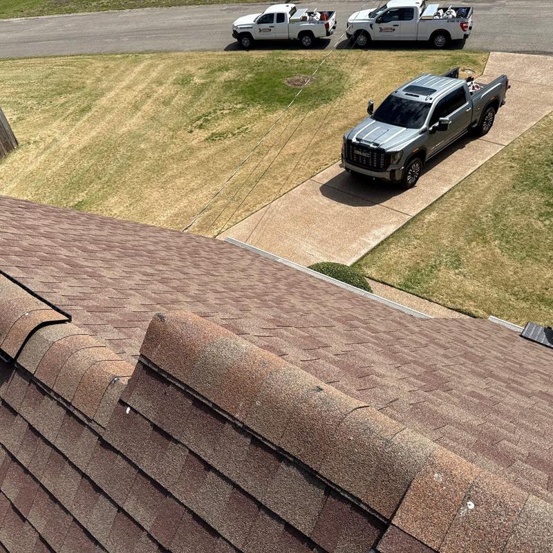 Asphalt shingle roof with ridge cap and driveway view