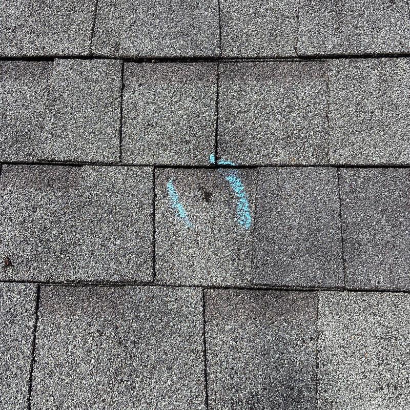 Asphalt roof shingles with hail damage marked in blue