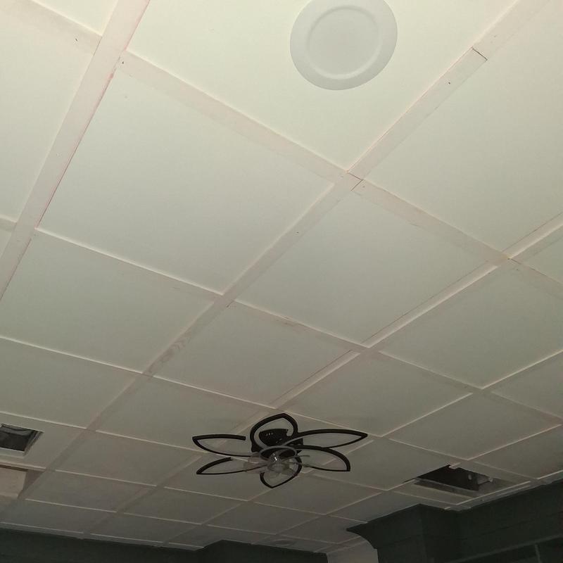 Attic access ceiling with checkerboard trim boards