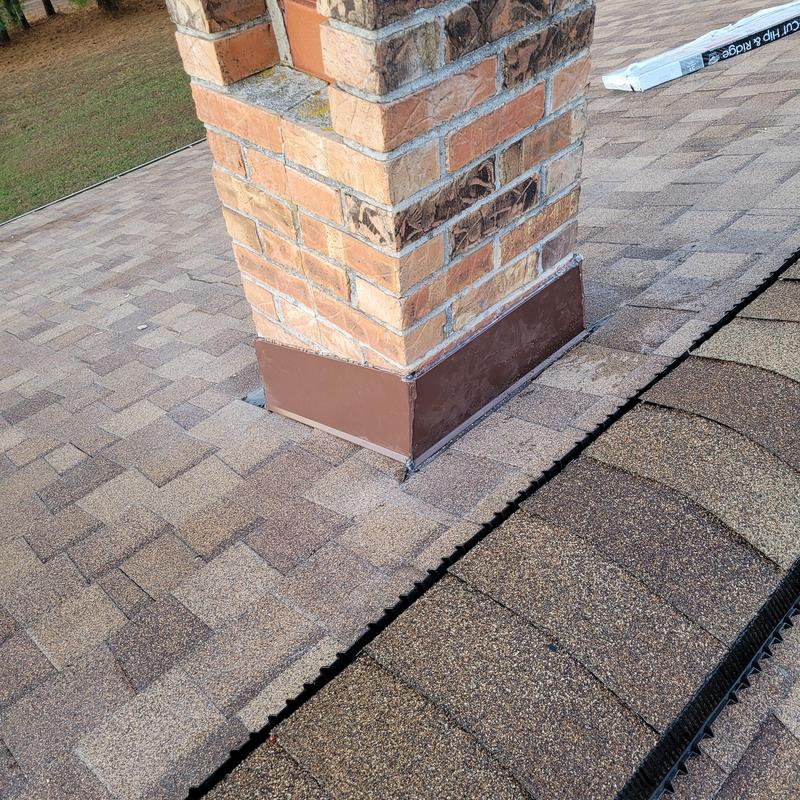 Roof chimney flashing with Morning Harvest shingles