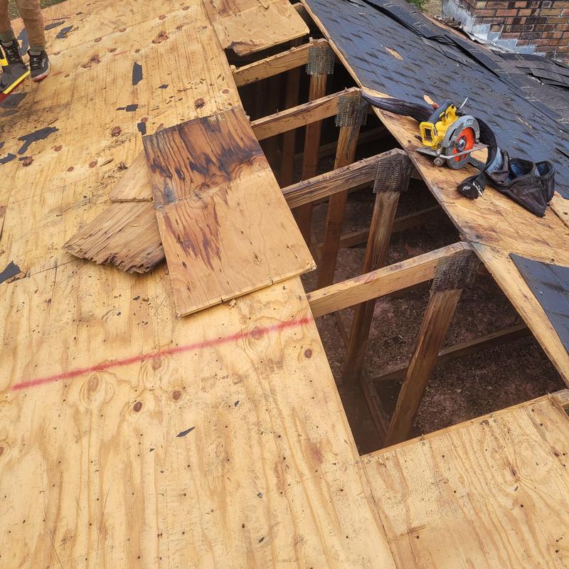 Plywood roof decking repair with removed shingles