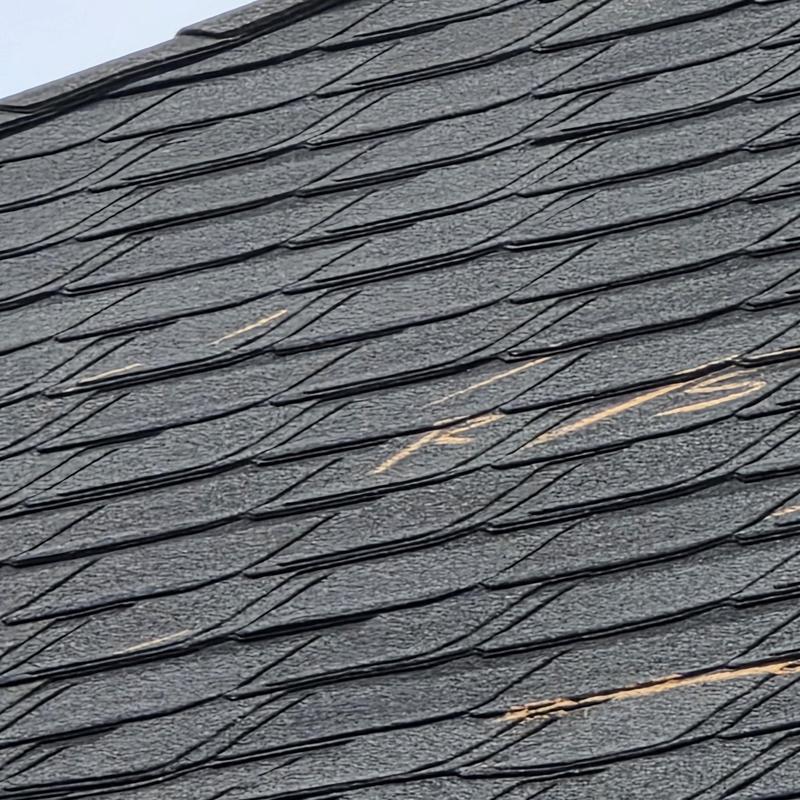 Asphalt shingles with storm damage markings on roof