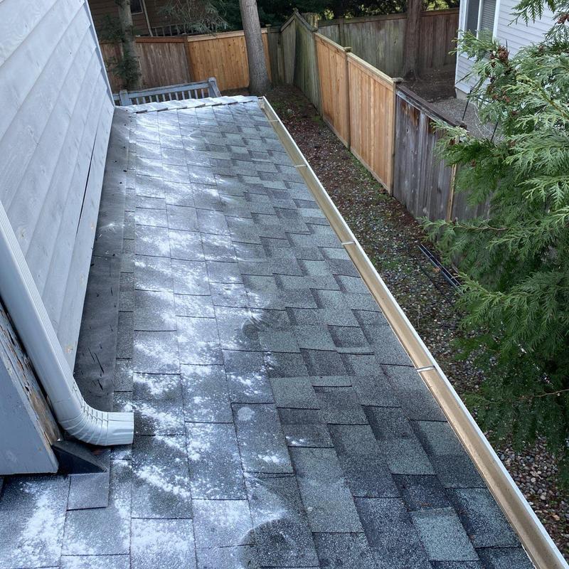 Roof shingles with moss treatment residue and clean gutters